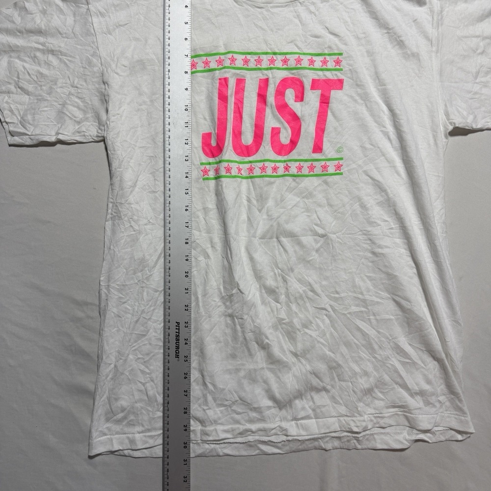 Vintage 90s Oneita JUST Neon Parody Graphic Tee XL White Pink Green Stars - Picture 2 of 10